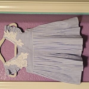 Tahari Blue white striped floral applique top empire waist unique blouse shirt